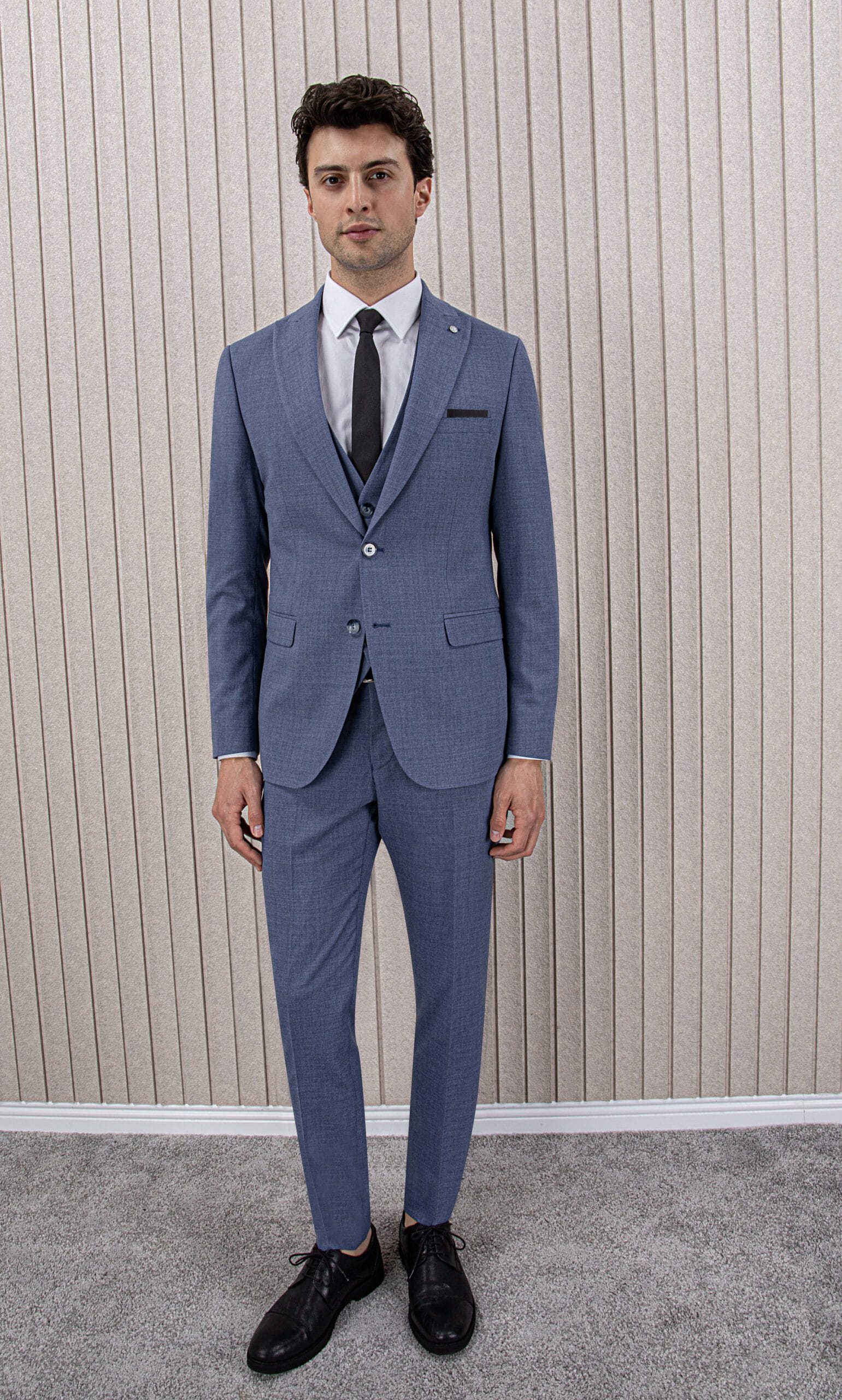 Erkek Likralı Slim Fit Sivri Yaka Yelekli Takım Elbise<span> - </span>Açık Lacivert, 50