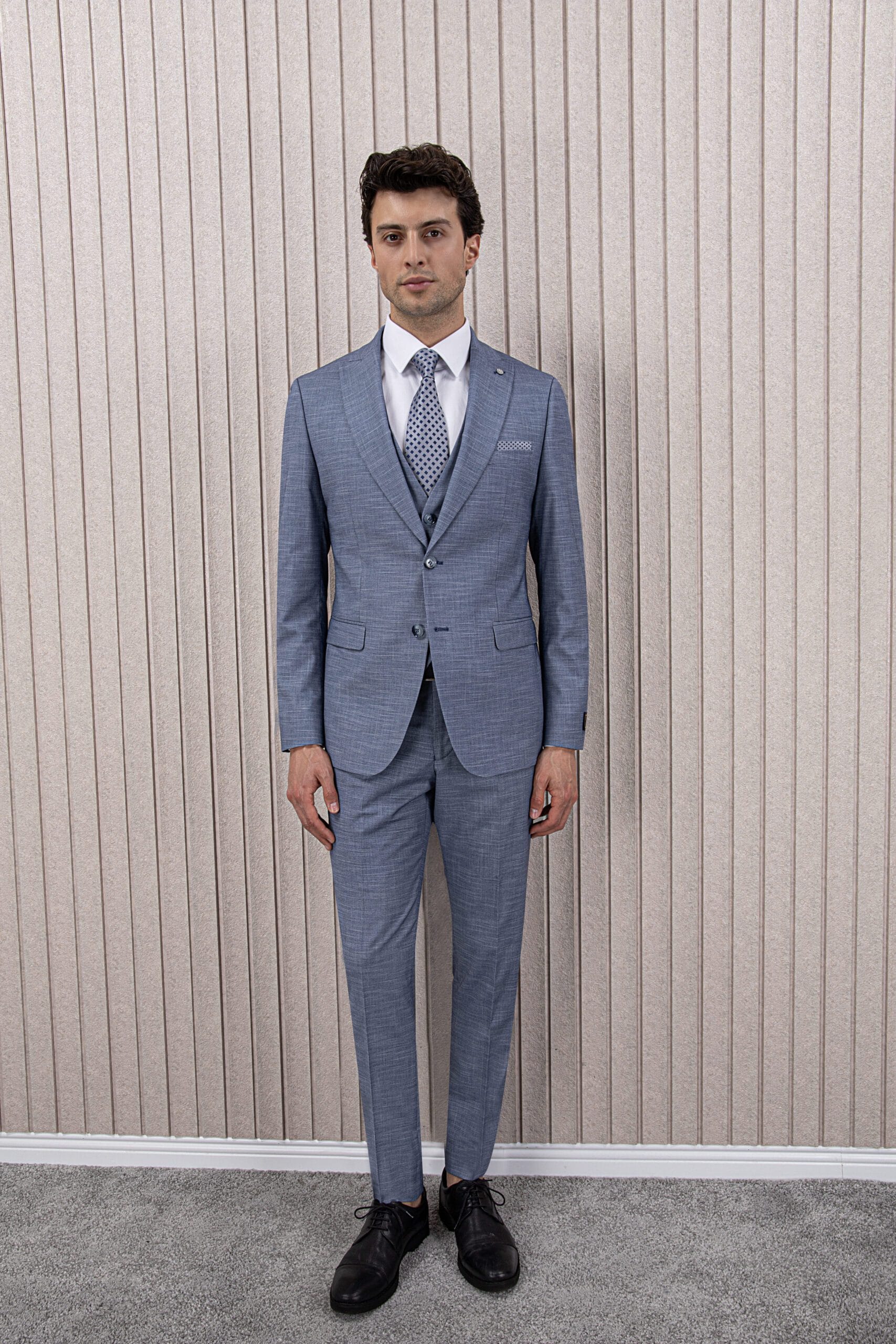 Erkek Likralı Slim Fit Sivri Yaka Yelekli Takım Elbise<span> - </span>Açık Lacivert, 50